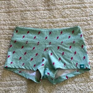 WodBottom Womens CrossFit Shortie Shorts Mint Green Lightning Bolt Athletic Sz S